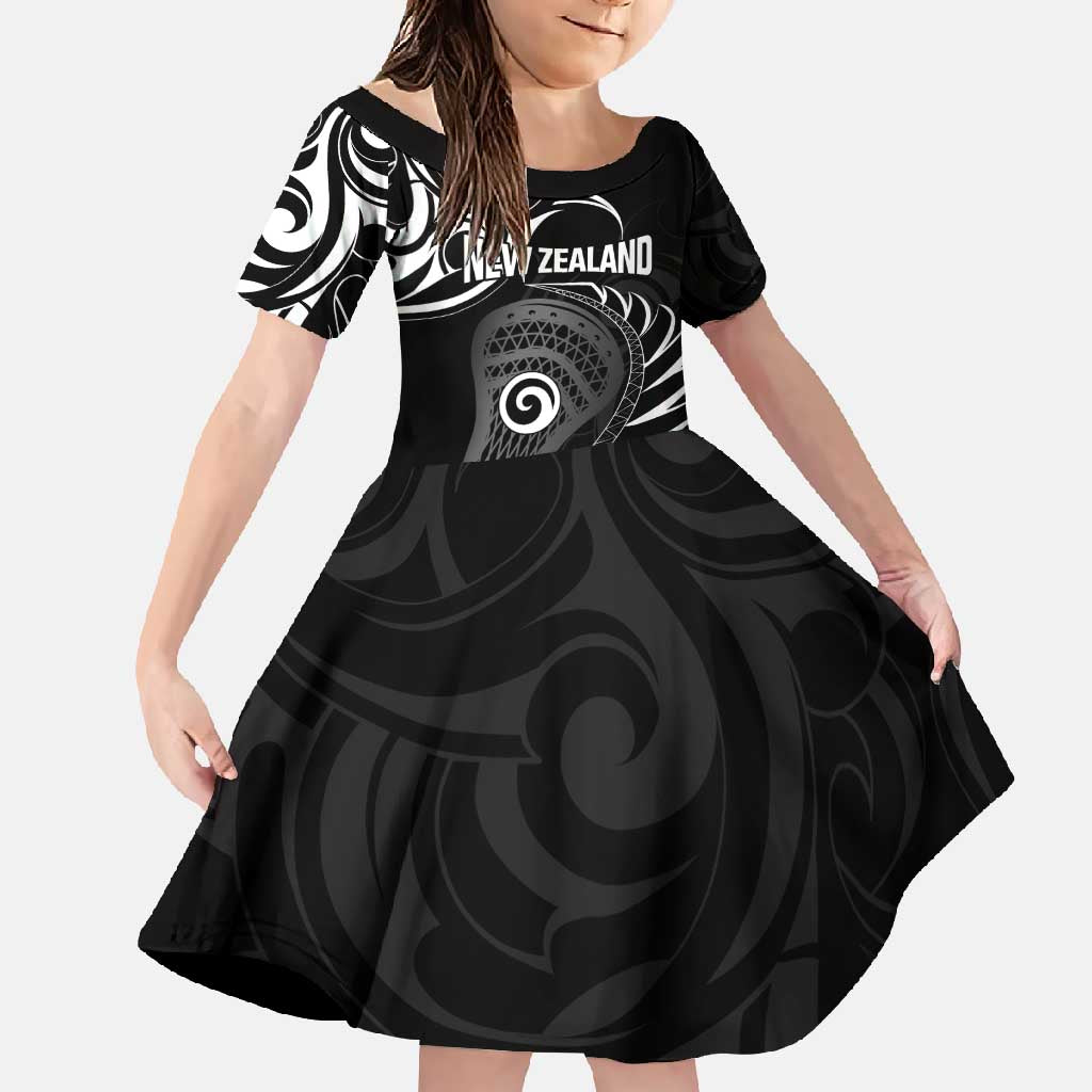 Personalised New Zealand Silver Fern Lacrosse Family Matching Mermaid Dress and Hawaiian Shirt Aotearoa Maori Pattern LT14 Daughter's Dress Black - Polynesian Pride