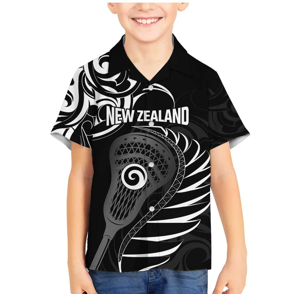 Personalised New Zealand Silver Fern Lacrosse Family Matching Mermaid Dress and Hawaiian Shirt Aotearoa Maori Pattern LT14 Son's Shirt Black - Polynesian Pride