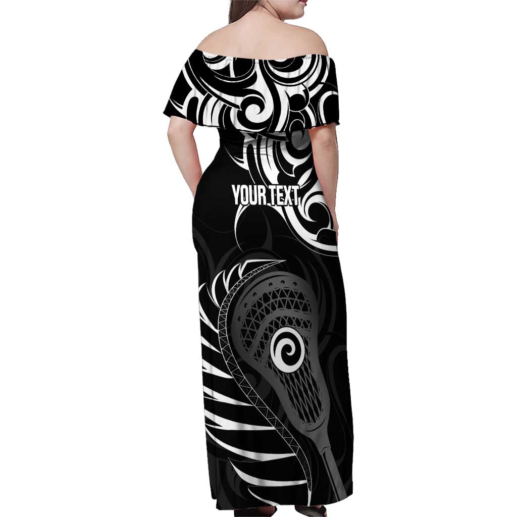 Personalised New Zealand Silver Fern Lacrosse Family Matching Off Shoulder Maxi Dress and Hawaiian Shirt Aotearoa Maori Pattern