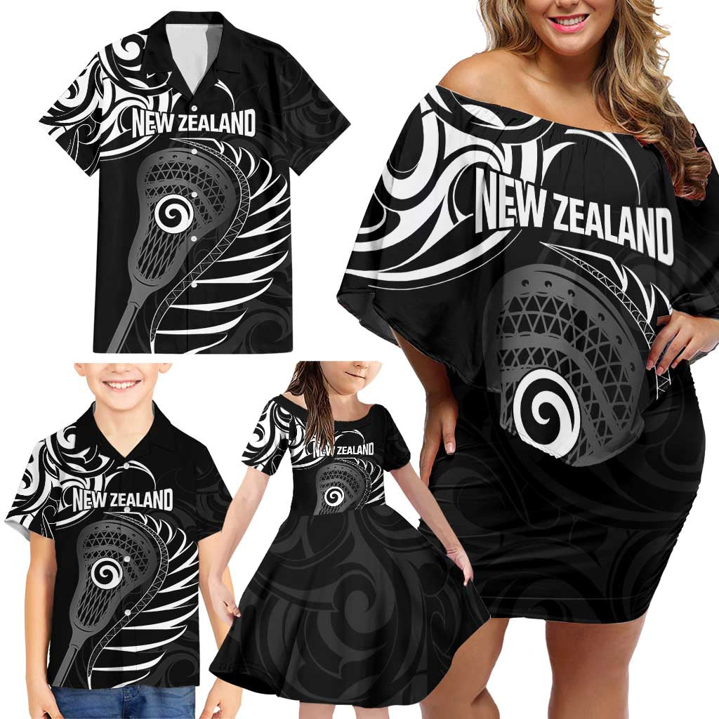 Personalised New Zealand Silver Fern Lacrosse Family Matching Off Shoulder Short Dress and Hawaiian Shirt Aotearoa Maori Pattern