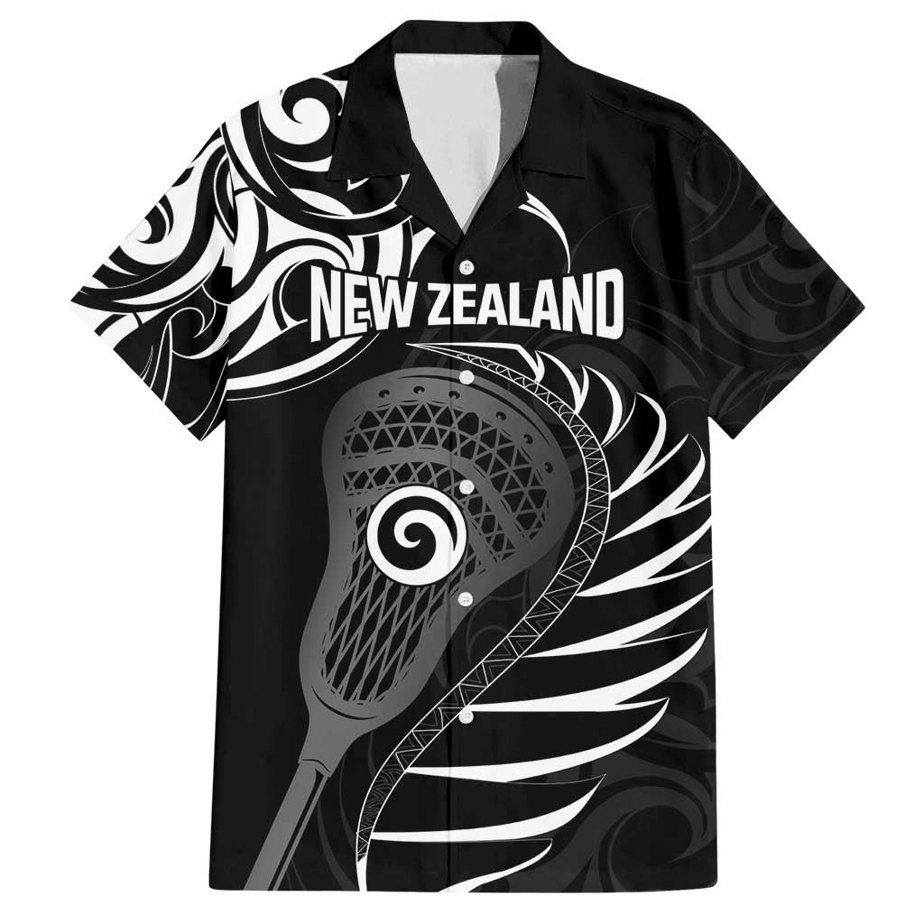 Personalised New Zealand Silver Fern Lacrosse Family Matching Puletasi and Hawaiian Shirt Aotearoa Maori Pattern LT14 Dad's Shirt - Short Sleeve Black - Polynesian Pride