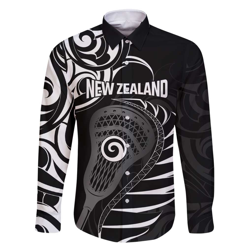 Personalised New Zealand Silver Fern Lacrosse Family Matching Puletasi and Hawaiian Shirt Aotearoa Maori Pattern LT14 Dad's Shirt - Long Sleeve Black - Polynesian Pride