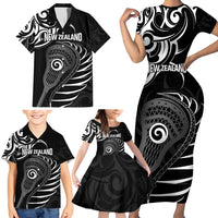 Personalised New Zealand Silver Fern Lacrosse Family Matching Short Sleeve Bodycon Dress and Hawaiian Shirt Aotearoa Maori Pattern LT14 - Polynesian Pride