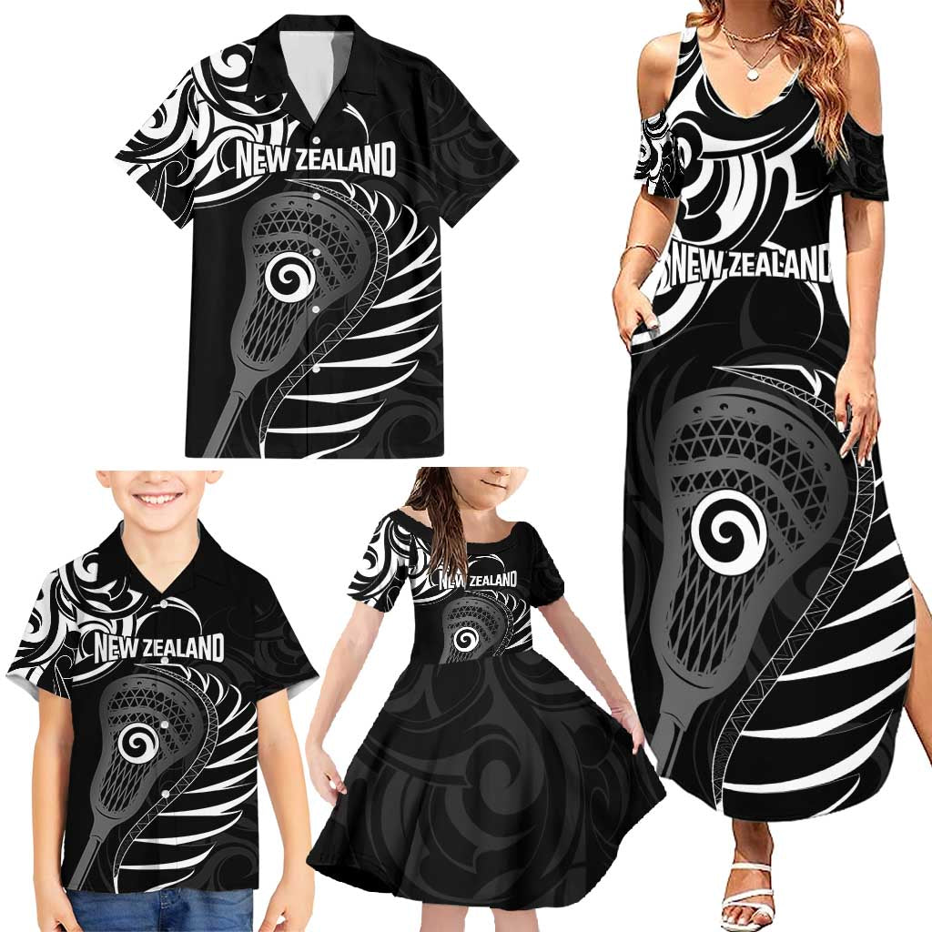 Personalised New Zealand Silver Fern Lacrosse Family Matching Summer Maxi Dress and Hawaiian Shirt Aotearoa Maori Pattern