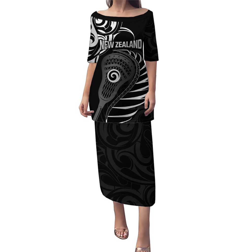 Personalised New Zealand Silver Fern Lacrosse Puletasi Aotearoa Maori Pattern LT14 Long Dress Black - Polynesian Pride