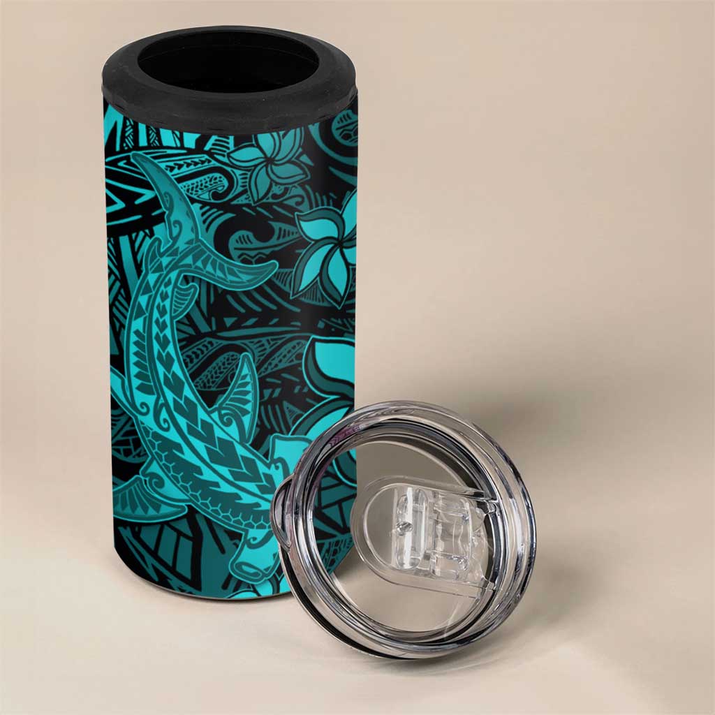 Polynesian 4 in 1 Can Cooler Tumbler Turquoise Hawaiian Tribal Hammerhead Shark