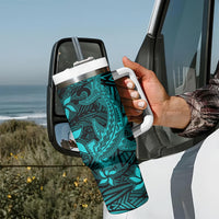 Polynesian Tumbler With Handle Turquoise Hawaiian Tribal Hammerhead Shark