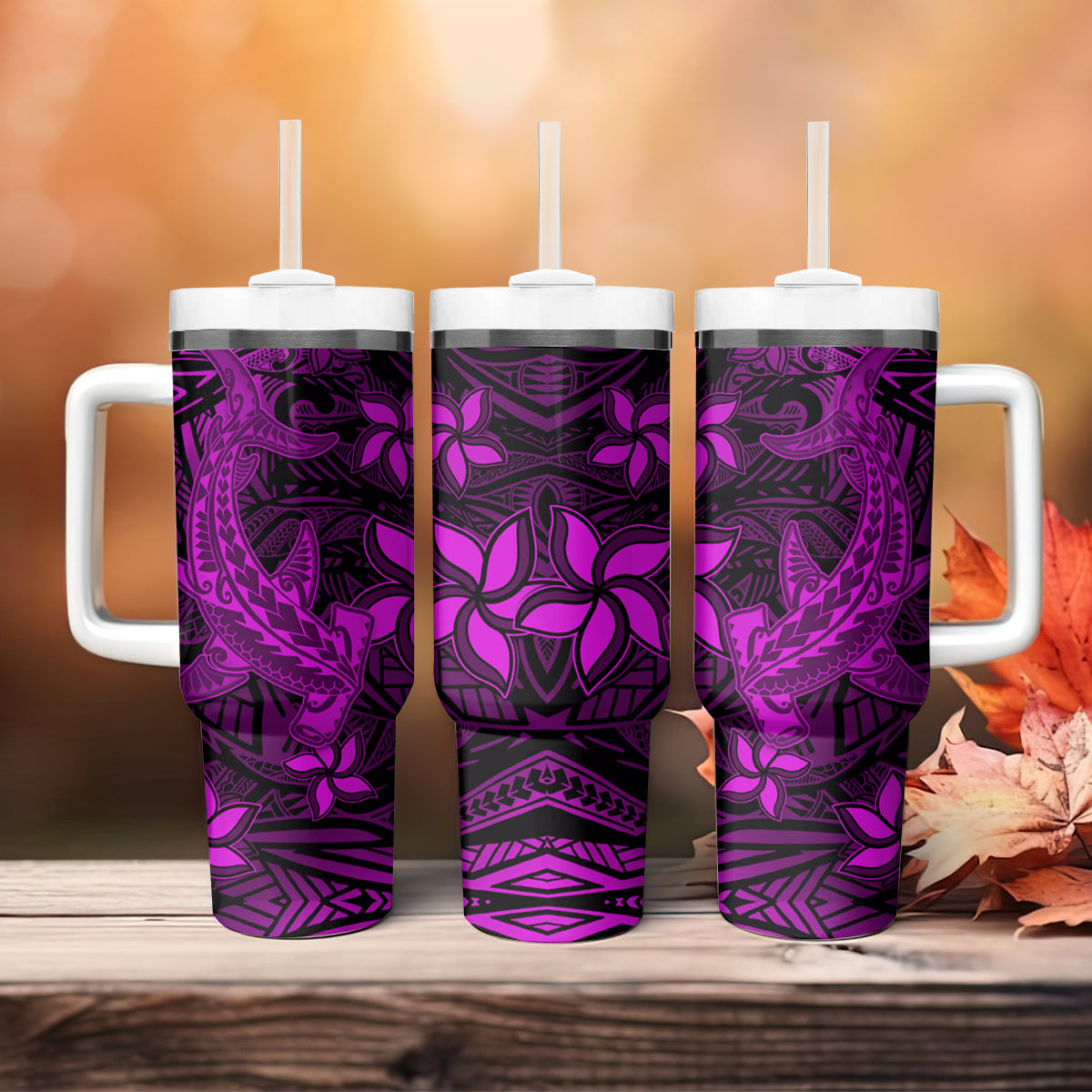 Polynesian Tumbler With Handle Pink Hawaiian Tribal Hammerhead Shark