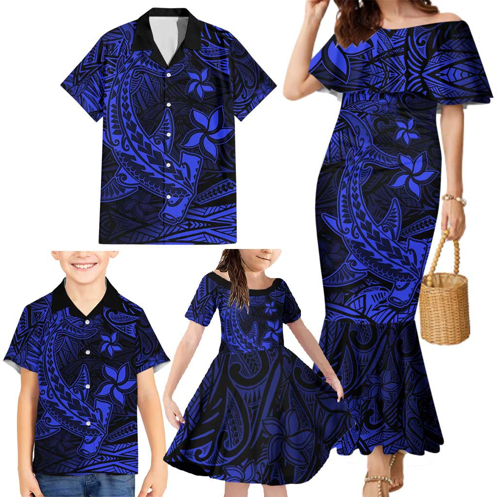 Blue Polynesian Family Matching Outfits Mermaid Dress And Hawaiian Shirt Tribal Hammerhead Shark LT14