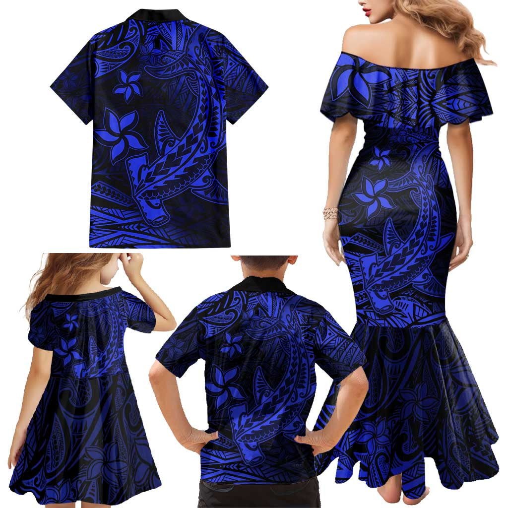 Blue Polynesian Family Matching Outfits Mermaid Dress And Hawaiian Shirt Tribal Hammerhead Shark LT14