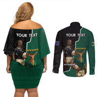 Personalised New Zealand And South Africa Rugby Couples Matching Off Shoulder Short Dress and Long Sleeve Button Shirt 2024 All Black Springboks Mascots Together