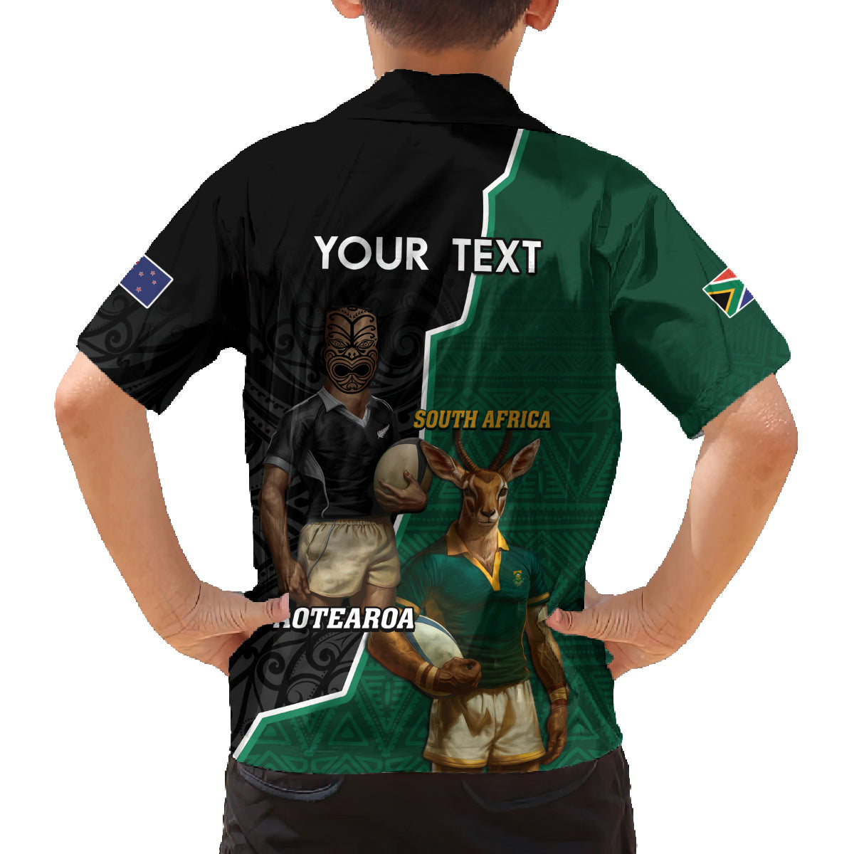 Personalised New Zealand And South Africa Rugby Family Matching Off Shoulder Maxi Dress and Hawaiian Shirt 2024 All Black Springboks Mascots Together LT14 - Polynesian Pride