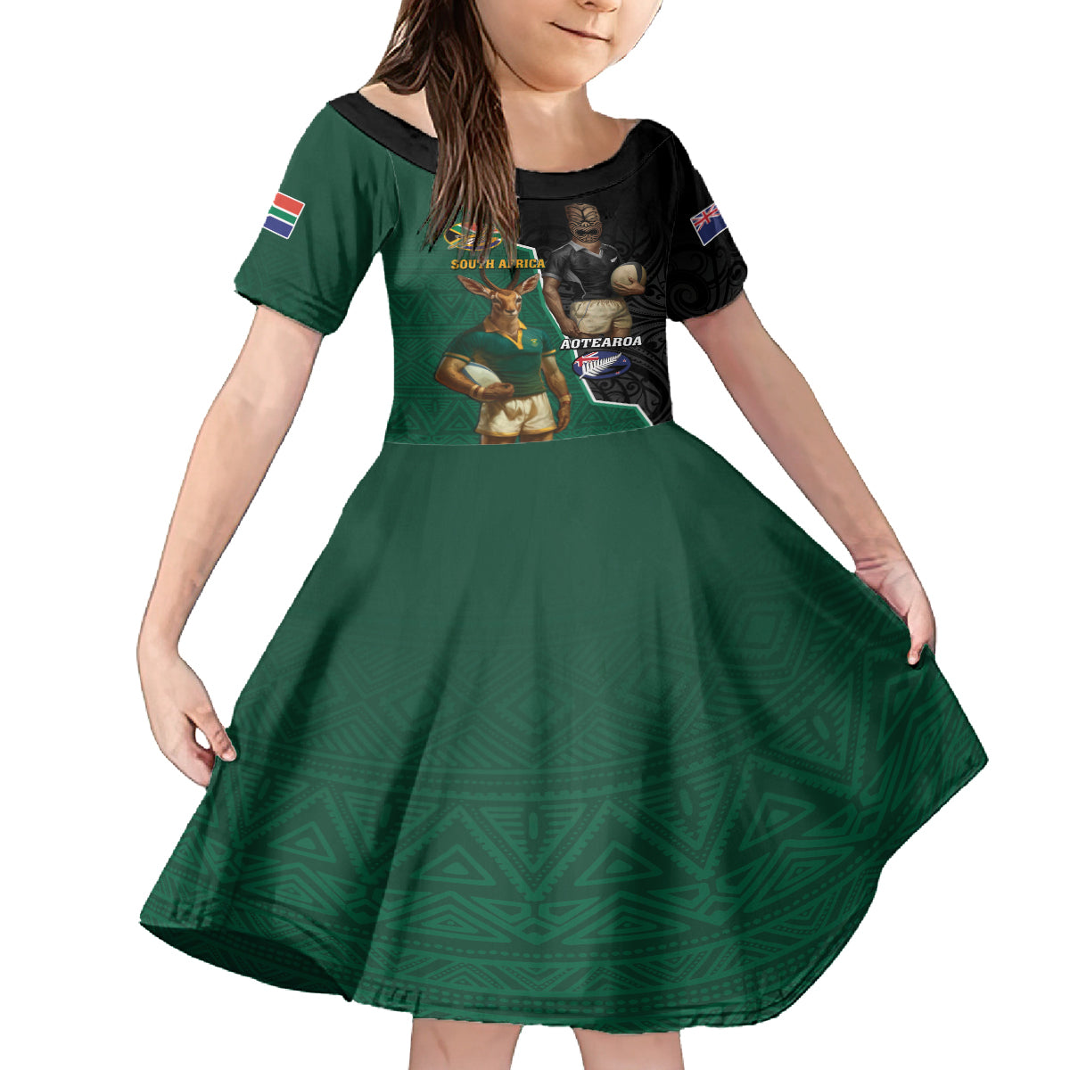 Personalised New Zealand And South Africa Rugby Family Matching Off Shoulder Maxi Dress and Hawaiian Shirt 2024 All Black Springboks Mascots Together LT14 Daughter's Dress Green - Polynesian Pride