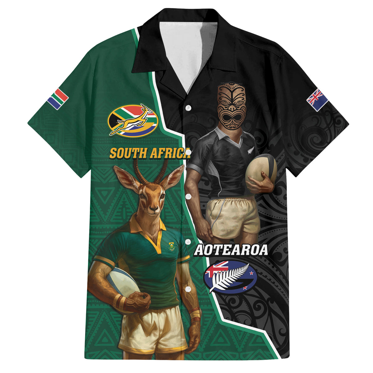 Personalised New Zealand And South Africa Rugby Family Matching Off Shoulder Maxi Dress and Hawaiian Shirt 2024 All Black Springboks Mascots Together LT14 Dad's Shirt - Short Sleeve Green - Polynesian Pride