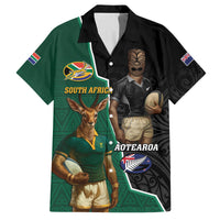 Personalised New Zealand And South Africa Rugby Family Matching Off Shoulder Maxi Dress and Hawaiian Shirt 2024 All Black Springboks Mascots Together LT14 Dad's Shirt - Short Sleeve Green - Polynesian Pride