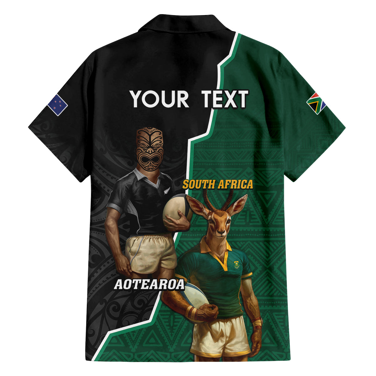 Personalised New Zealand And South Africa Rugby Family Matching Off Shoulder Maxi Dress and Hawaiian Shirt 2024 All Black Springboks Mascots Together LT14 - Polynesian Pride