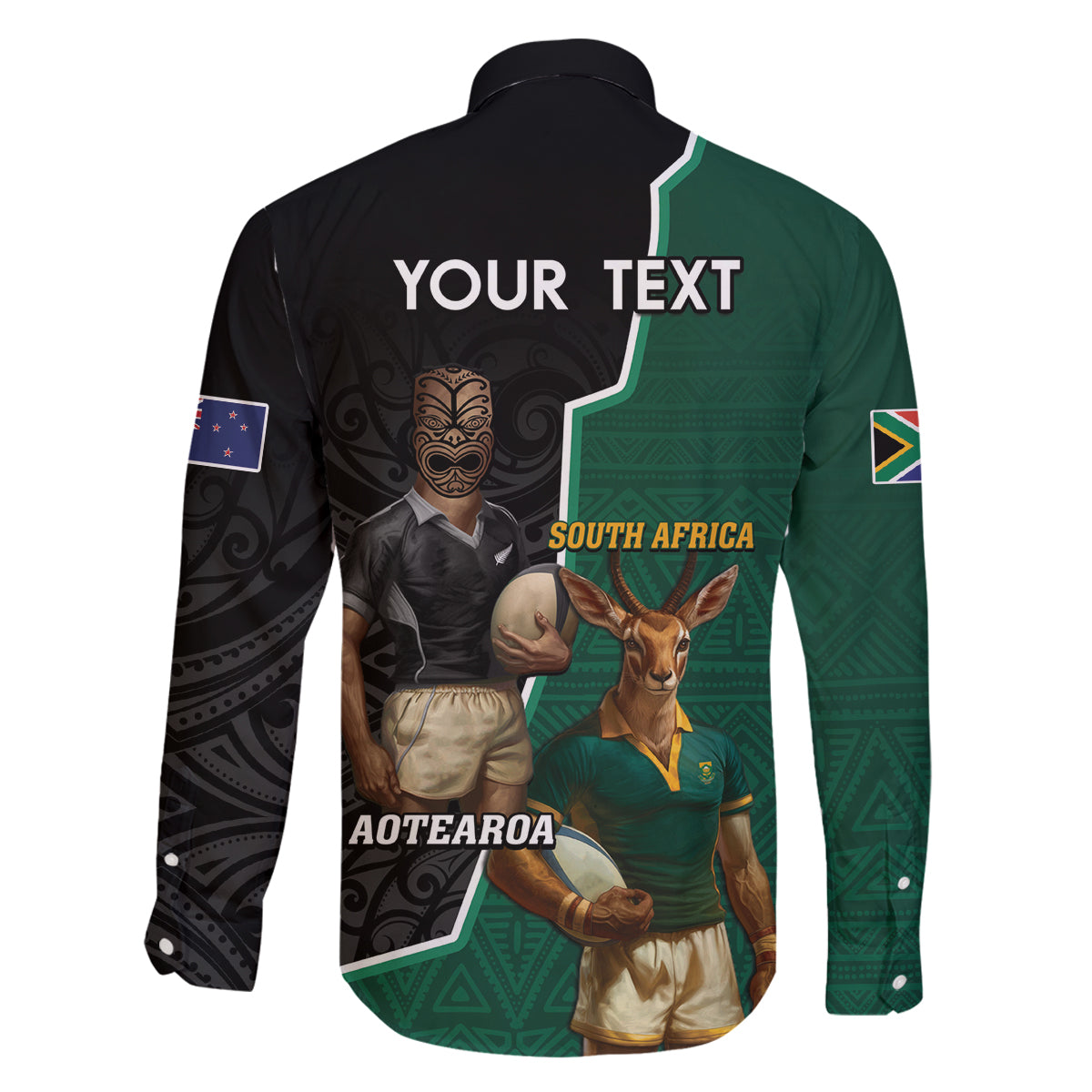 Personalised New Zealand And South Africa Rugby Family Matching Off Shoulder Maxi Dress and Hawaiian Shirt 2024 All Black Springboks Mascots Together LT14 - Polynesian Pride