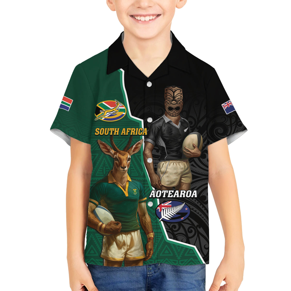 Personalised New Zealand And South Africa Rugby Family Matching Off Shoulder Maxi Dress and Hawaiian Shirt 2024 All Black Springboks Mascots Together LT14 Son's Shirt Green - Polynesian Pride