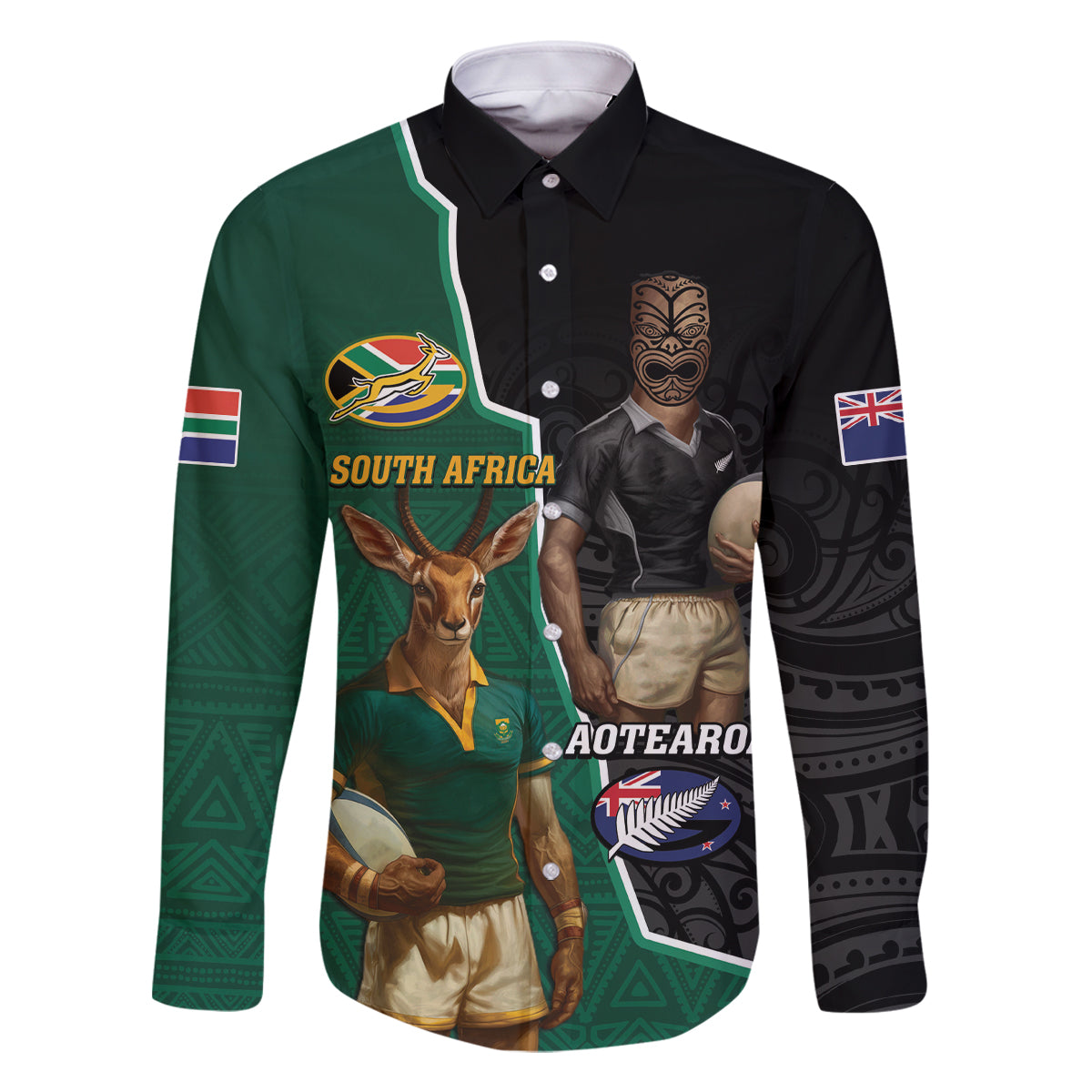 Personalised New Zealand And South Africa Rugby Family Matching Summer Maxi Dress and Hawaiian Shirt 2024 All Black Springboks Mascots Together