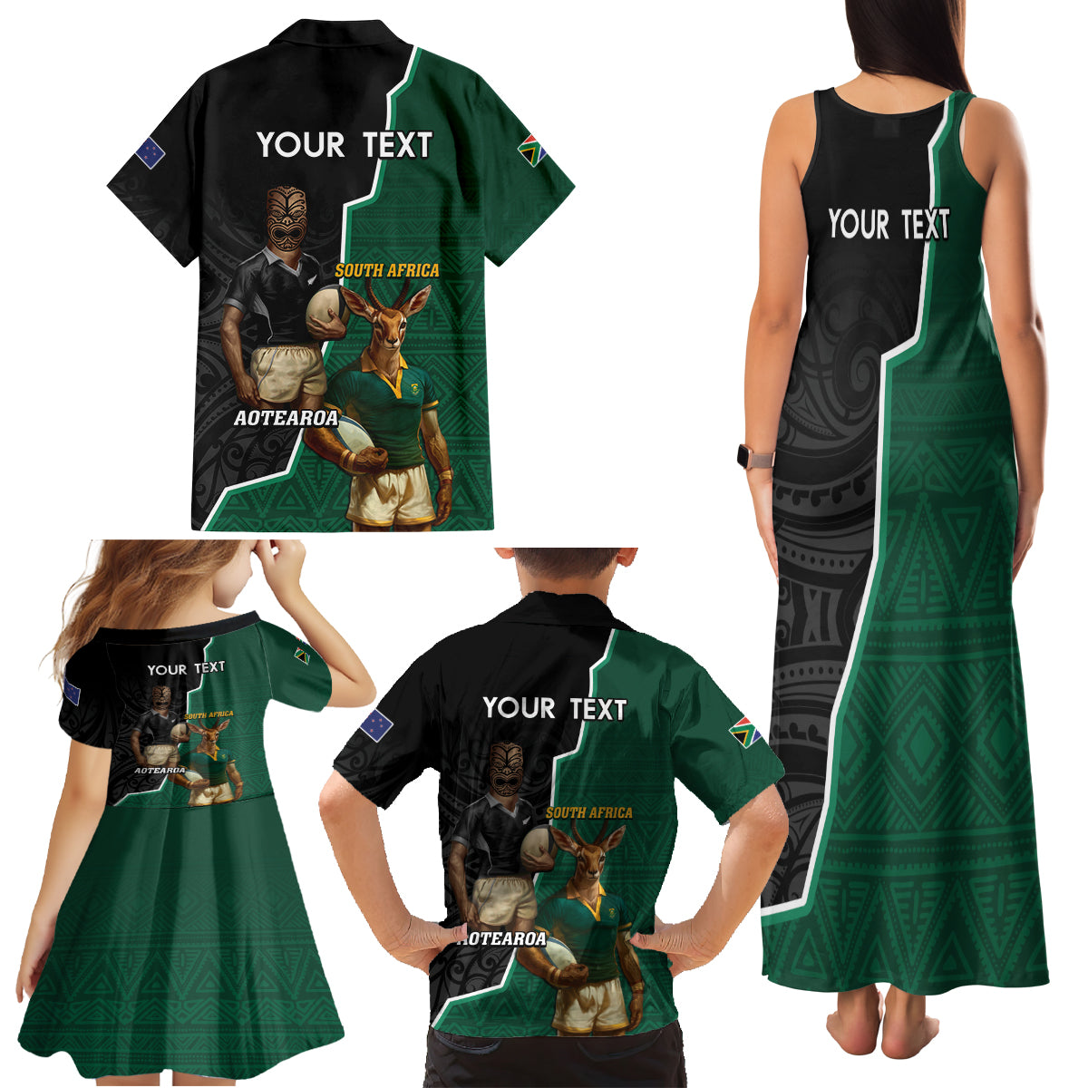 Personalised New Zealand And South Africa Rugby Family Matching Tank Maxi Dress and Hawaiian Shirt 2024 All Black Springboks Mascots Together