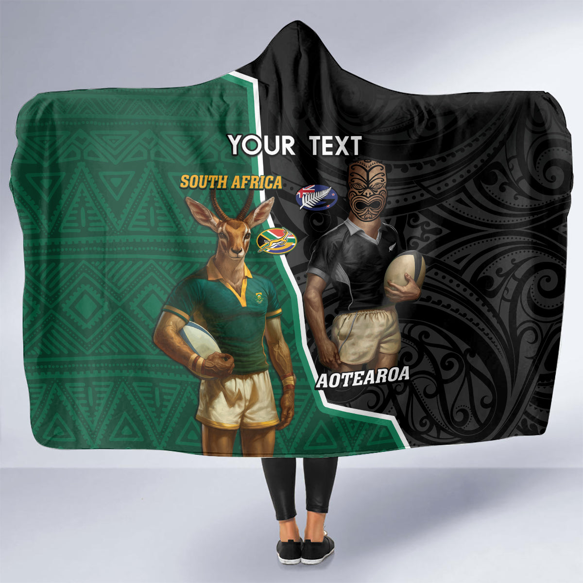 Personalised New Zealand And South Africa Rugby Hooded Blanket 2024 All Black Springboks Mascots Together LT14 - Polynesian Pride