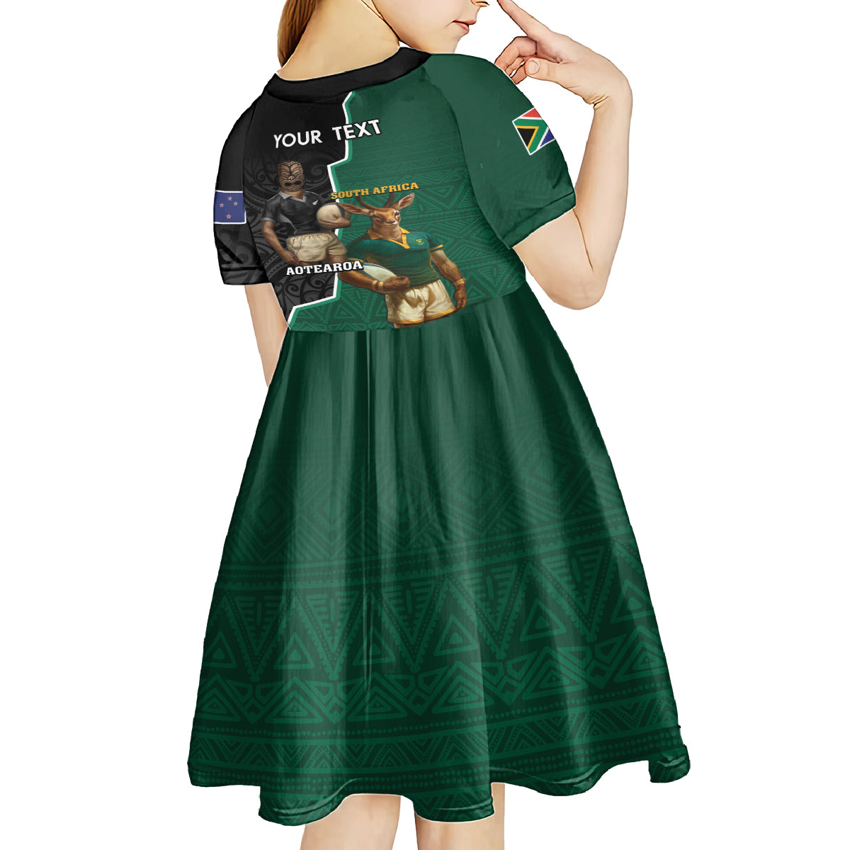 Personalised New Zealand And South Africa Rugby Kid Short Sleeve Dress 2024 All Black Springboks Mascots Together LT14 - Polynesian Pride