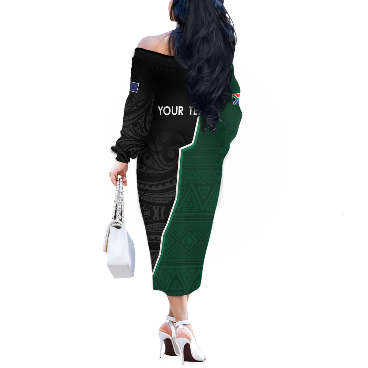 Personalised New Zealand And South Africa Rugby Off The Shoulder Long Sleeve Dress 2024 All Black Springboks Mascots Together LT14 - Polynesian Pride