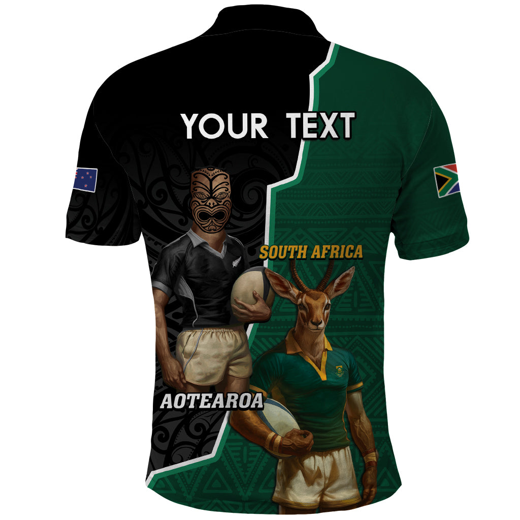 Personalised New Zealand And South Africa Rugby Polo Shirt 2024 All Black Springboks Mascots Together LT14 - Polynesian Pride