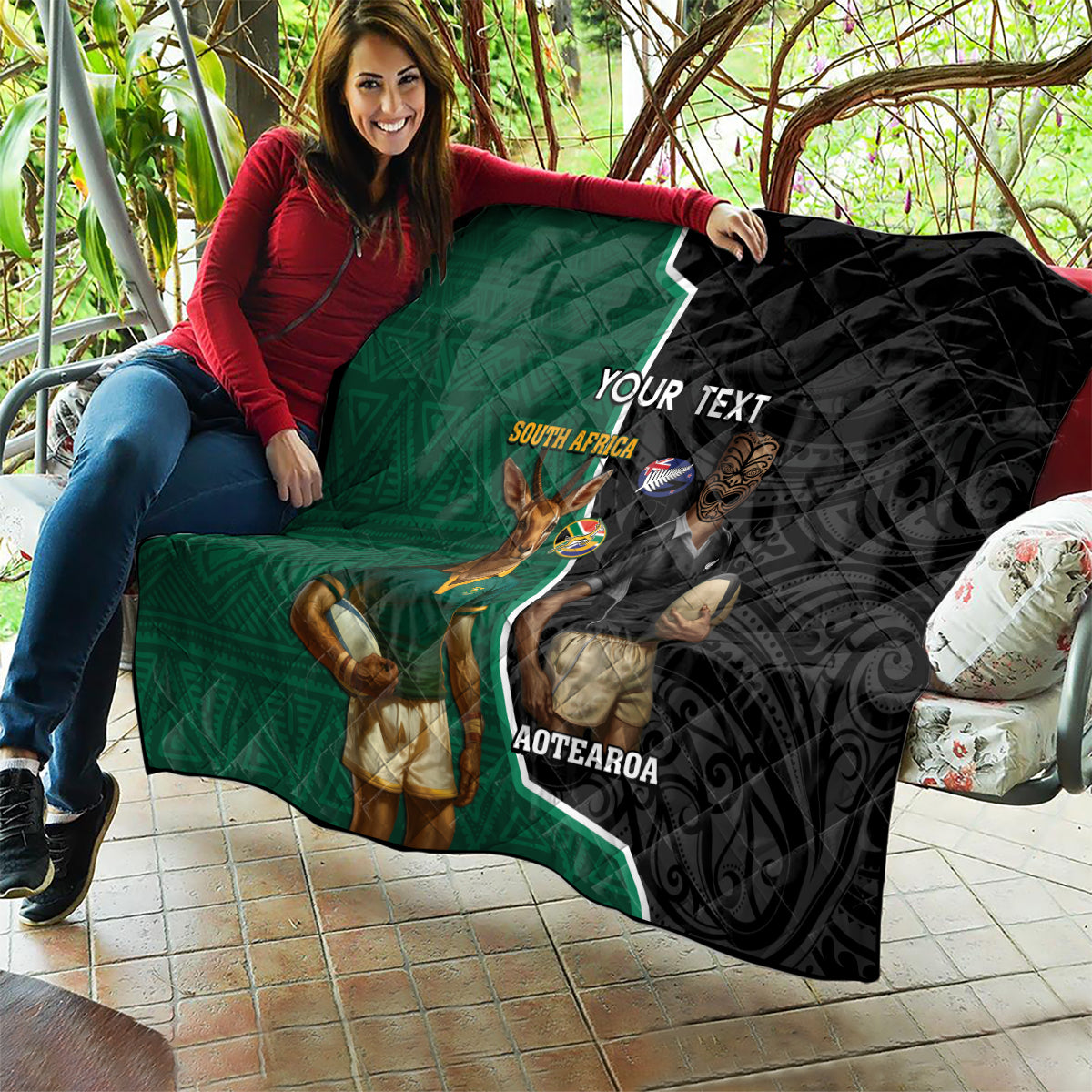 Personalised New Zealand And South Africa Rugby Quilt 2024 All Black Springboks Mascots Together