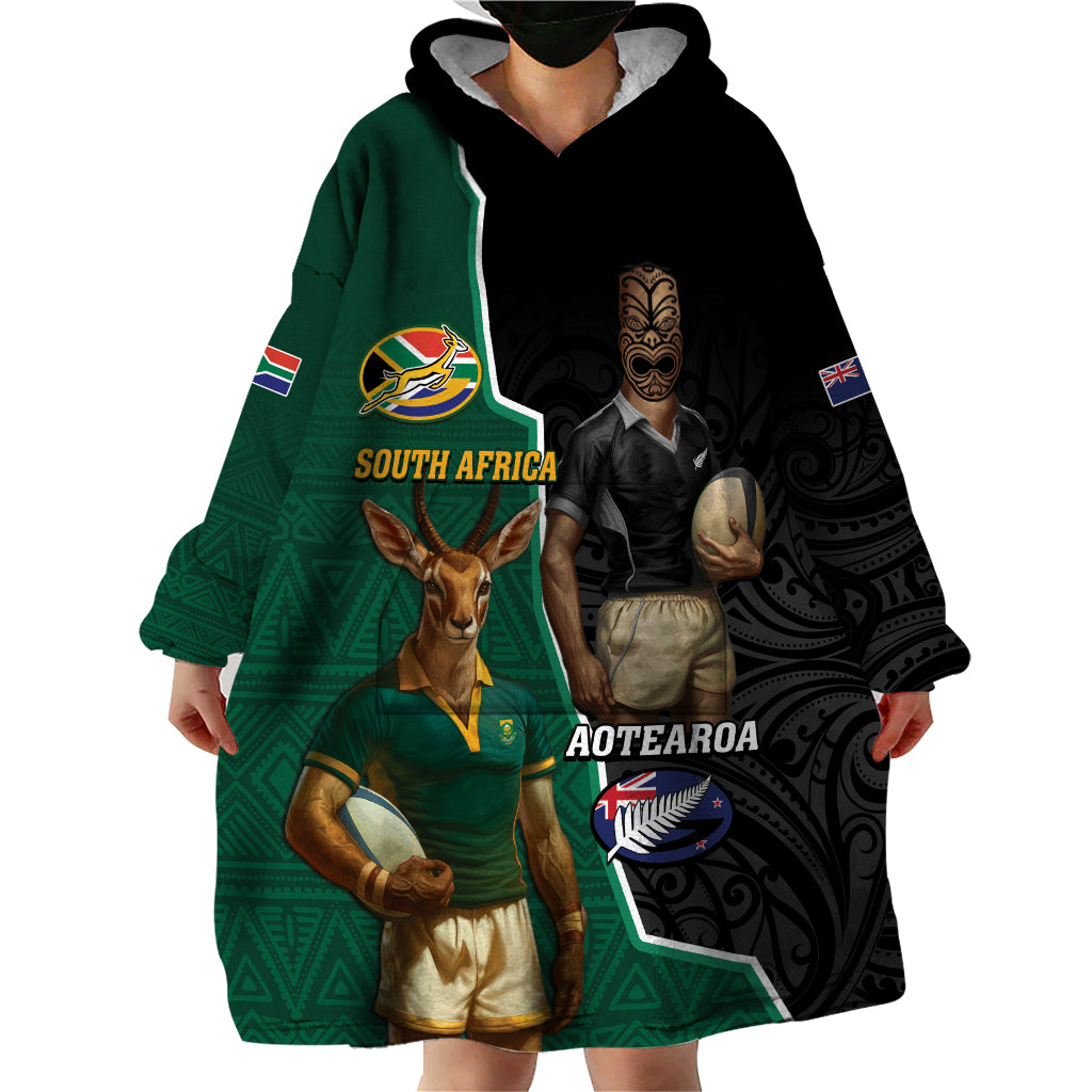 Personalised New Zealand And South Africa Rugby Wearable Blanket Hoodie 2024 All Black Springboks Mascots Together