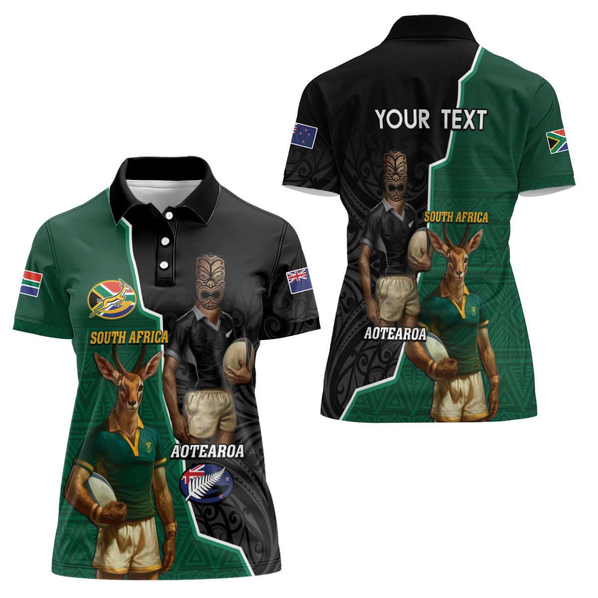 Personalised New Zealand And South Africa Rugby Women Polo Shirt 2024 All Black Springboks Mascots Together LT14 - Polynesian Pride