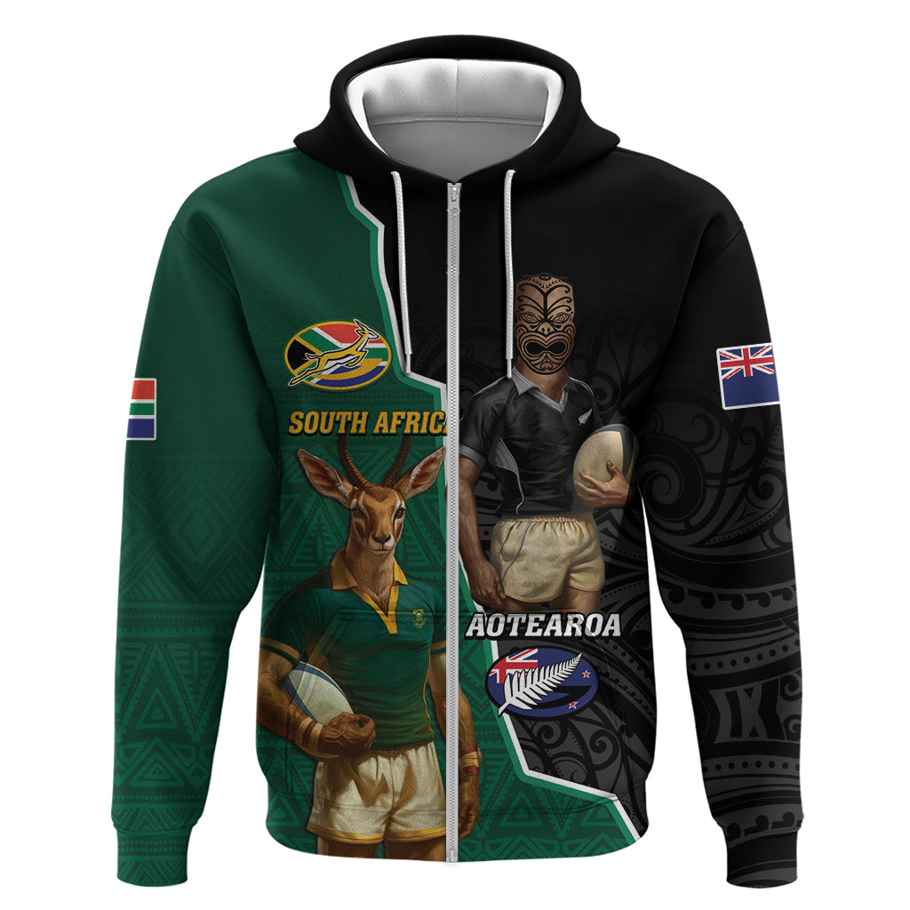 Personalised New Zealand And South Africa Rugby Zip Hoodie 2024 All Black Springboks Mascots Together LT14 Zip Hoodie Green - Polynesian Pride