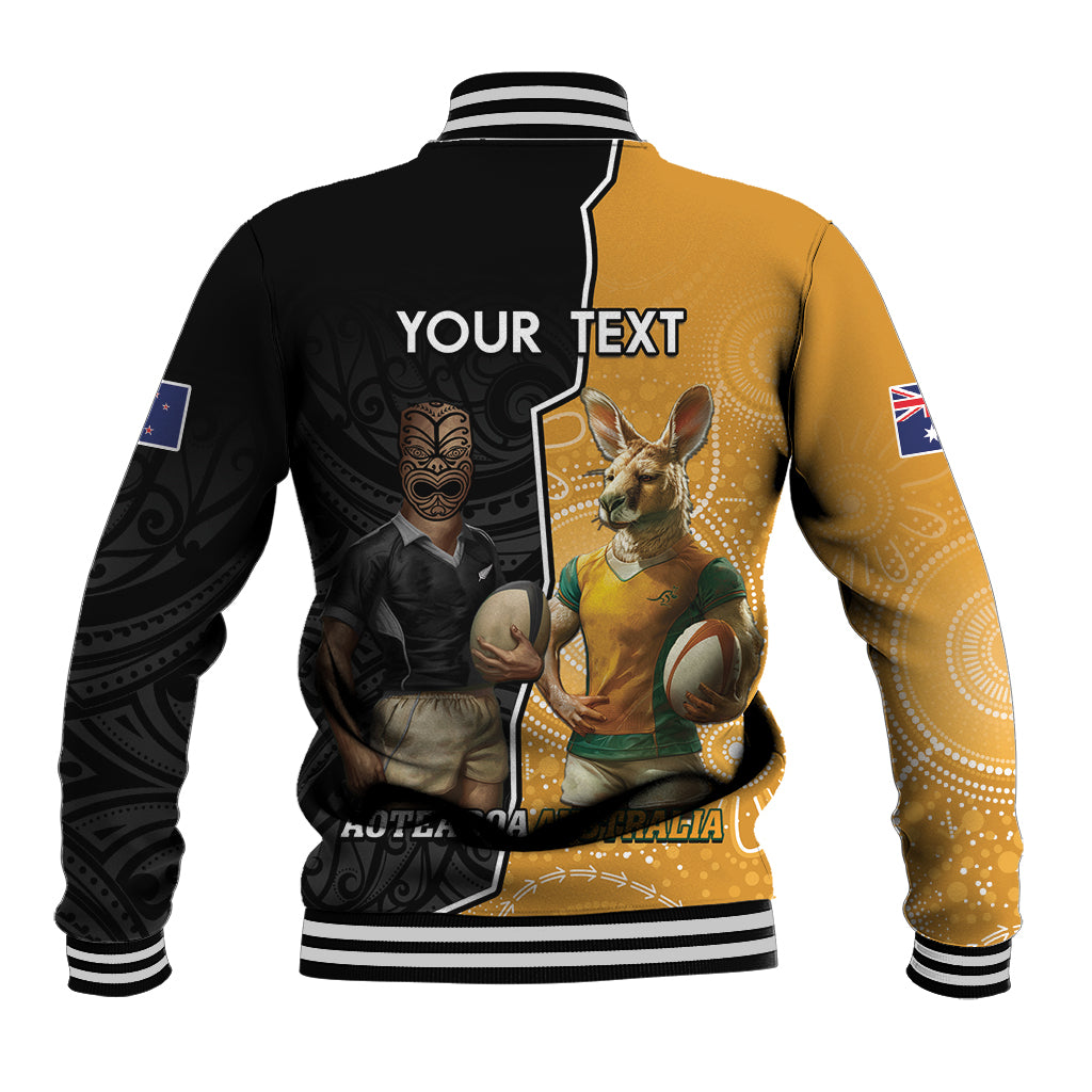 Personalised New Zealand And Australia Rugby Baseball Jacket 2024 All Black Wallabies Mascots Together