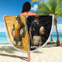 Personalised New Zealand And Australia Rugby Beach Blanket 2024 All Black Wallabies Mascots Together