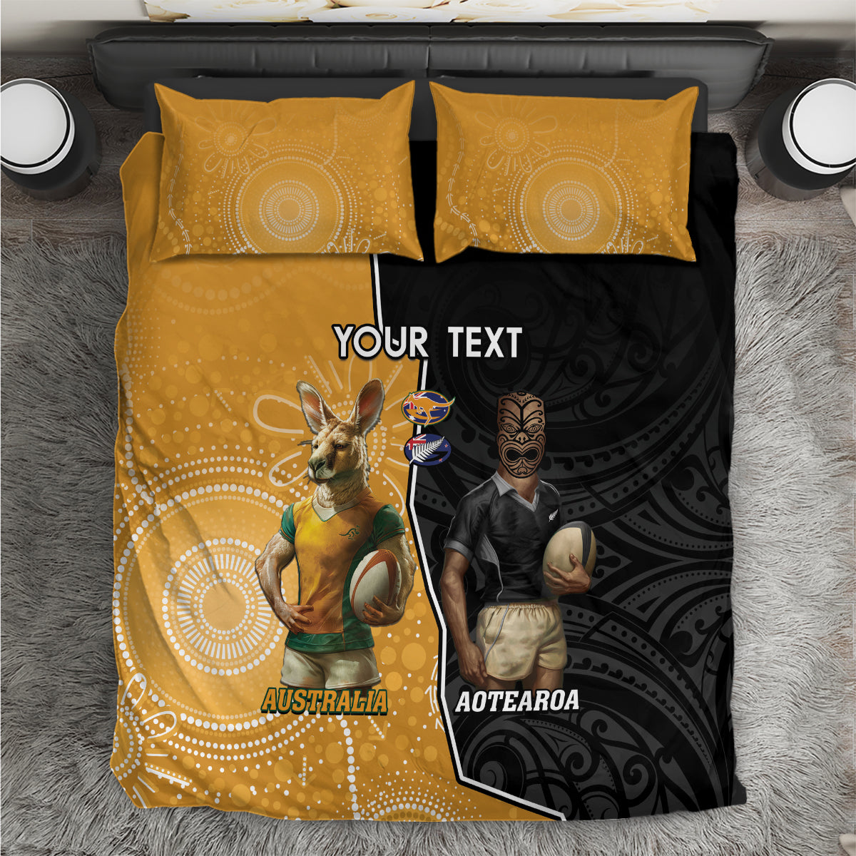 Personalised New Zealand And Australia Rugby Bedding Set 2024 All Black Wallabies Mascots Together