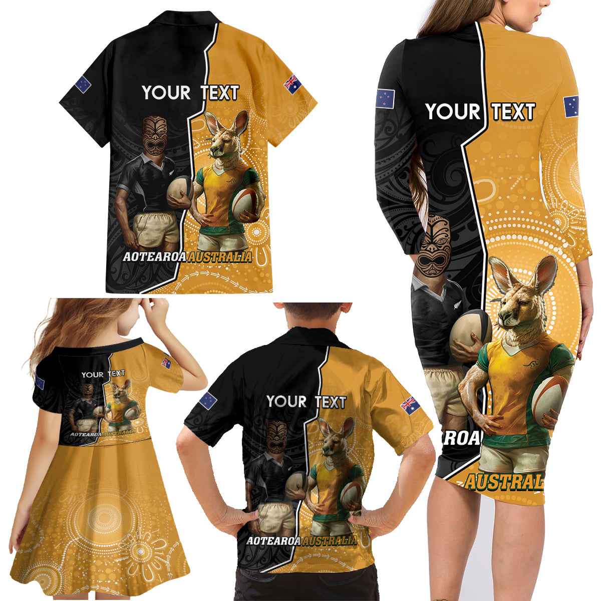 Personalised New Zealand And Australia Rugby Family Matching Long Sleeve Bodycon Dress and Hawaiian Shirt 2024 All Black Wallabies Mascots Together