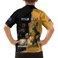 Personalised New Zealand And Australia Rugby Family Matching Off Shoulder Maxi Dress and Hawaiian Shirt 2024 All Black Wallabies Mascots Together LT14 - Polynesian Pride