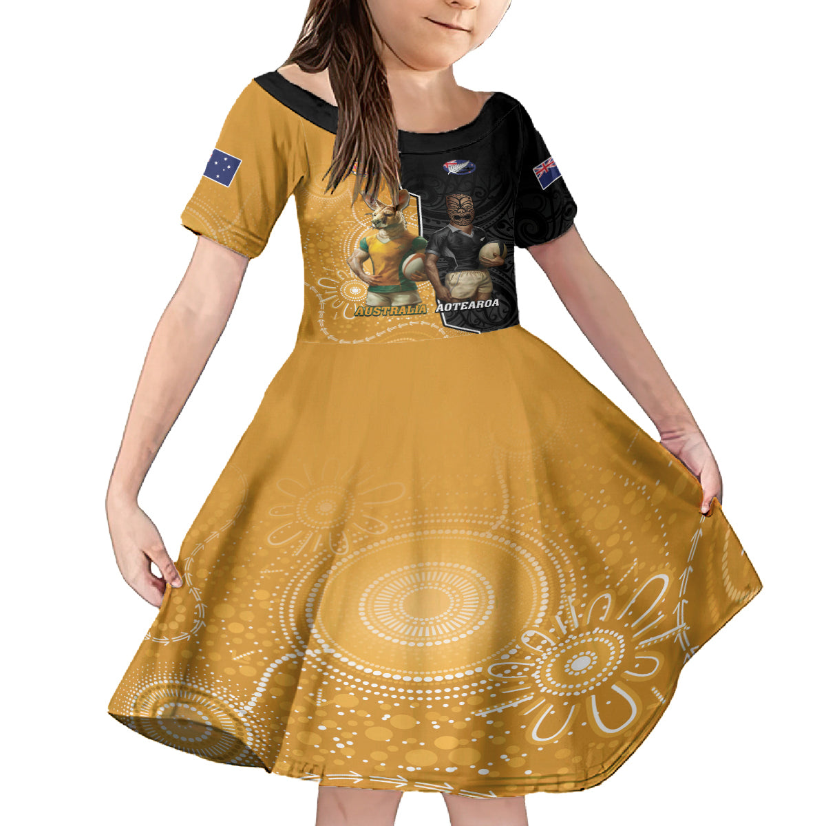 Personalised New Zealand And Australia Rugby Family Matching Off Shoulder Maxi Dress and Hawaiian Shirt 2024 All Black Wallabies Mascots Together LT14 Daughter's Dress Black - Polynesian Pride