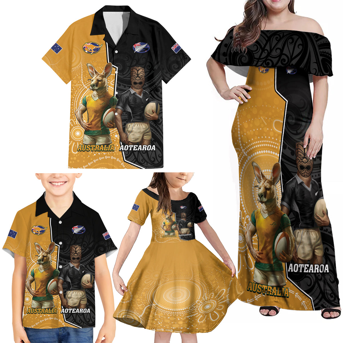 Personalised New Zealand And Australia Rugby Family Matching Off Shoulder Maxi Dress and Hawaiian Shirt 2024 All Black Wallabies Mascots Together LT14 - Polynesian Pride