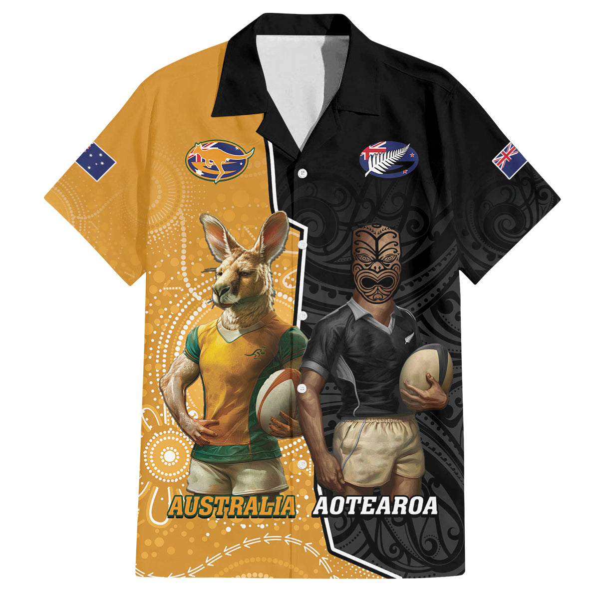 Personalised New Zealand And Australia Rugby Family Matching Off Shoulder Maxi Dress and Hawaiian Shirt 2024 All Black Wallabies Mascots Together LT14 Dad's Shirt - Short Sleeve Black - Polynesian Pride