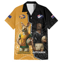 Personalised New Zealand And Australia Rugby Family Matching Off Shoulder Maxi Dress and Hawaiian Shirt 2024 All Black Wallabies Mascots Together LT14 Dad's Shirt - Short Sleeve Black - Polynesian Pride