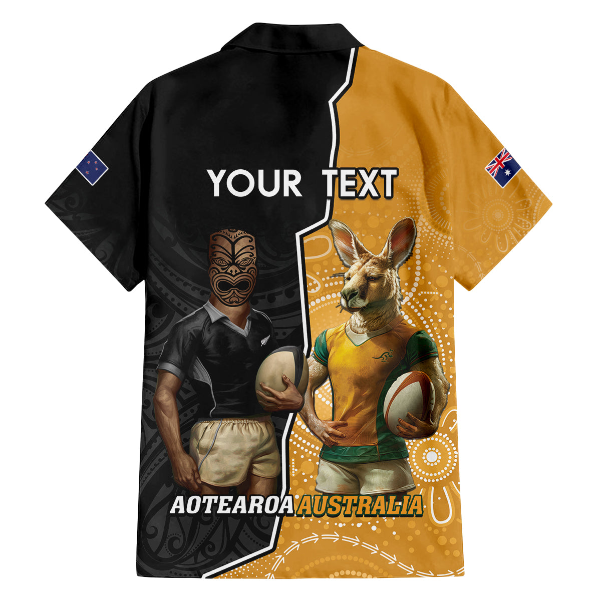 Personalised New Zealand And Australia Rugby Family Matching Off Shoulder Maxi Dress and Hawaiian Shirt 2024 All Black Wallabies Mascots Together LT14 - Polynesian Pride