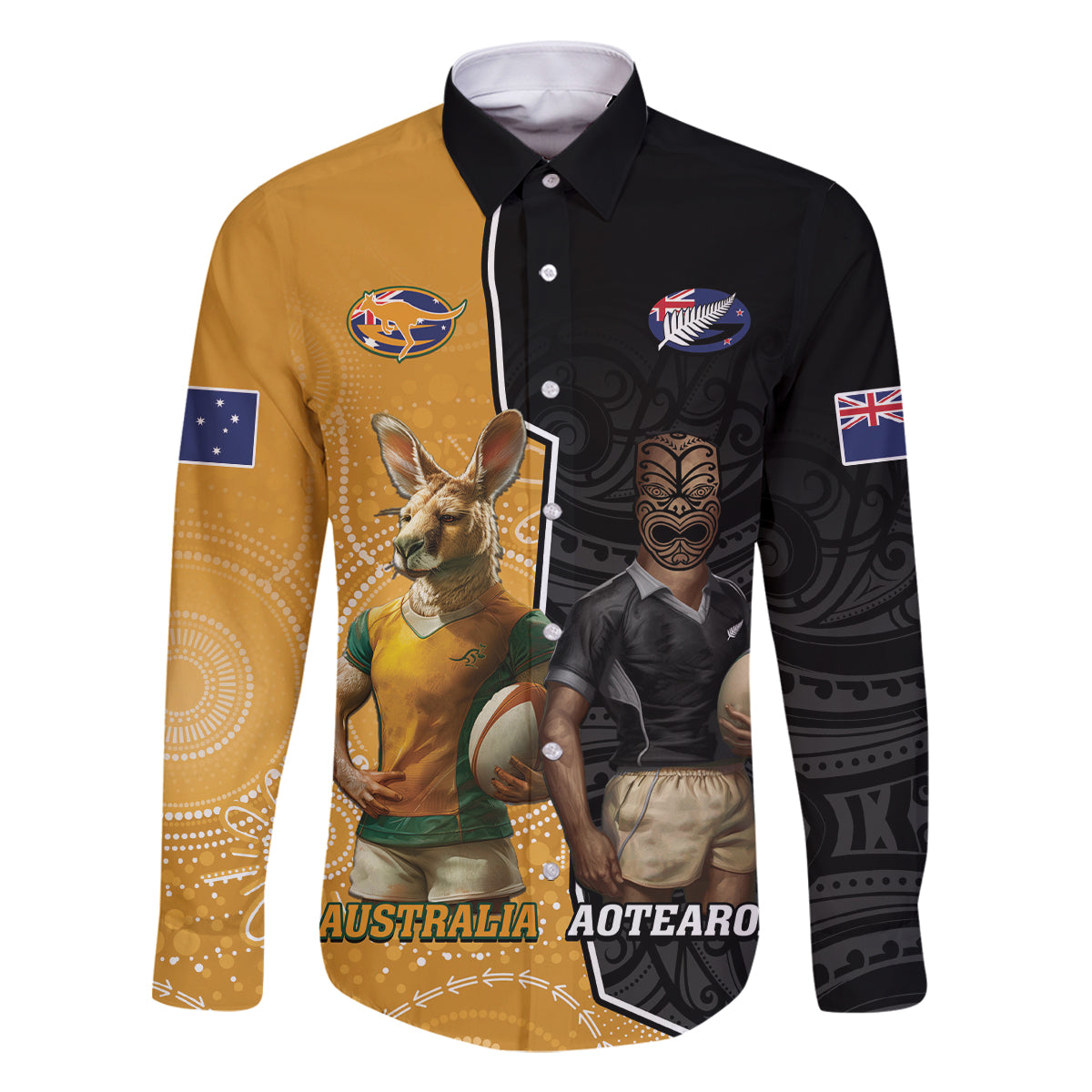 Personalised New Zealand And Australia Rugby Family Matching Off Shoulder Maxi Dress and Hawaiian Shirt 2024 All Black Wallabies Mascots Together LT14 Dad's Shirt - Long Sleeve Black - Polynesian Pride