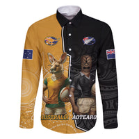 Personalised New Zealand And Australia Rugby Family Matching Off Shoulder Maxi Dress and Hawaiian Shirt 2024 All Black Wallabies Mascots Together LT14 Dad's Shirt - Long Sleeve Black - Polynesian Pride