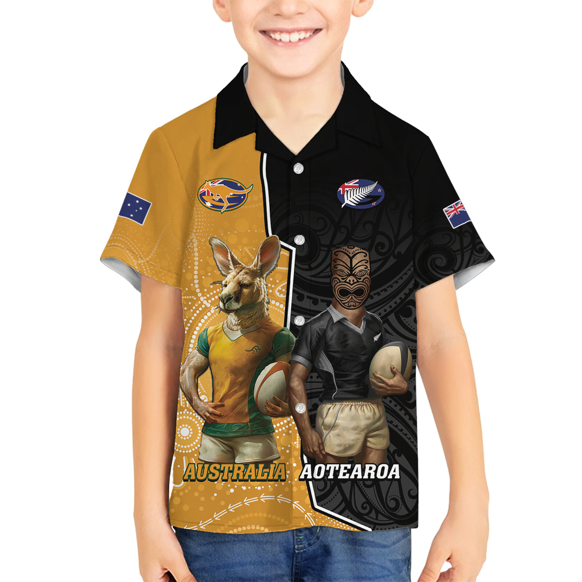 Personalised New Zealand And Australia Rugby Family Matching Off Shoulder Maxi Dress and Hawaiian Shirt 2024 All Black Wallabies Mascots Together LT14 Son's Shirt Black - Polynesian Pride
