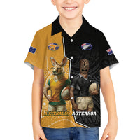 Personalised New Zealand And Australia Rugby Family Matching Off Shoulder Maxi Dress and Hawaiian Shirt 2024 All Black Wallabies Mascots Together LT14 Son's Shirt Black - Polynesian Pride