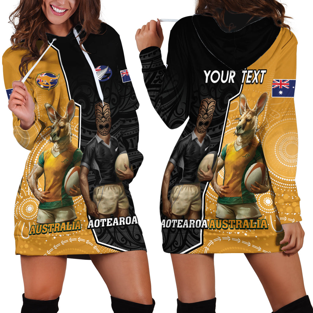 Personalised New Zealand And Australia Rugby Hoodie Dress 2024 All Black Wallabies Mascots Together LT14 - Polynesian Pride