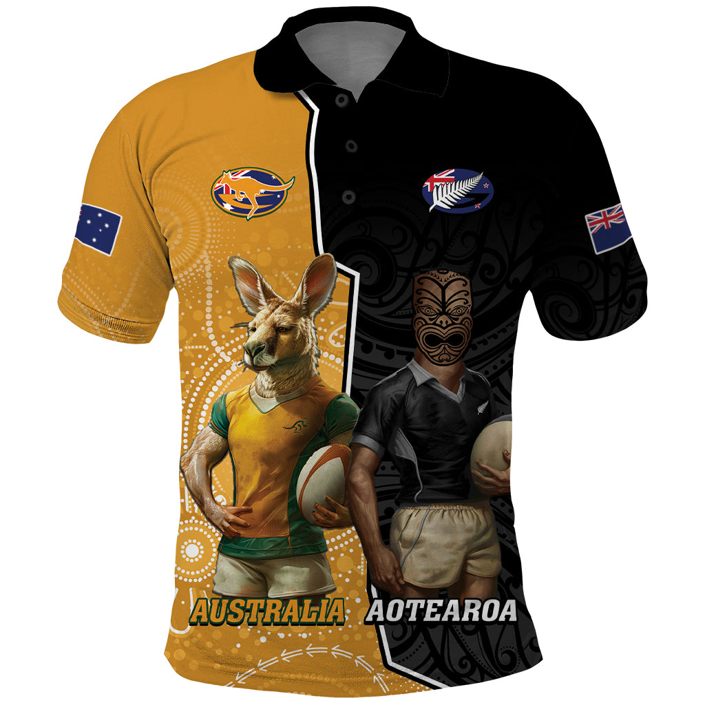 Personalised New Zealand And Australia Rugby Polo Shirt 2024 All Black Wallabies Mascots Together LT14 Black - Polynesian Pride