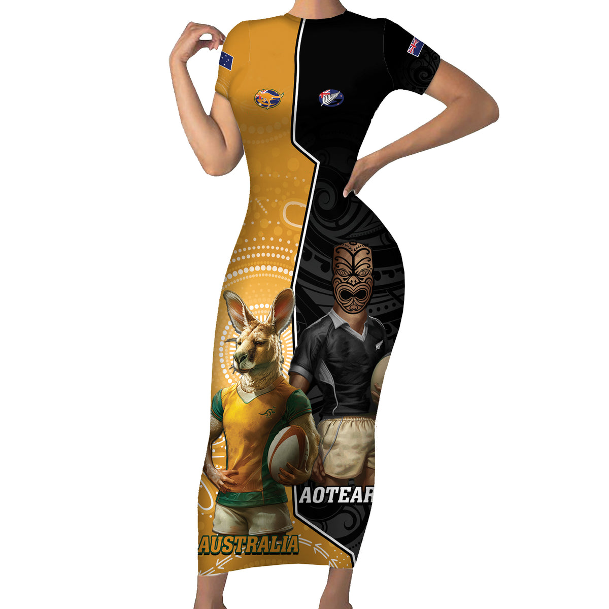 Personalised New Zealand And Australia Rugby Short Sleeve Bodycon Dress 2024 All Black Wallabies Mascots Together LT14 Long Dress Black - Polynesian Pride
