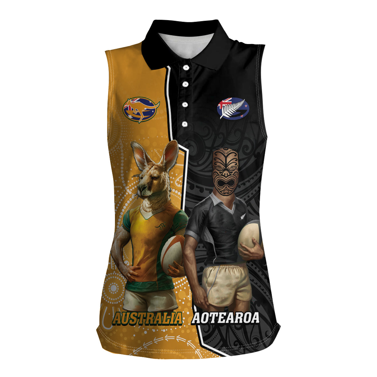 Personalised New Zealand And Australia Rugby Women Sleeveless Polo Shirt 2024 All Black Wallabies Mascots Together LT14 Female Black - Polynesian Pride
